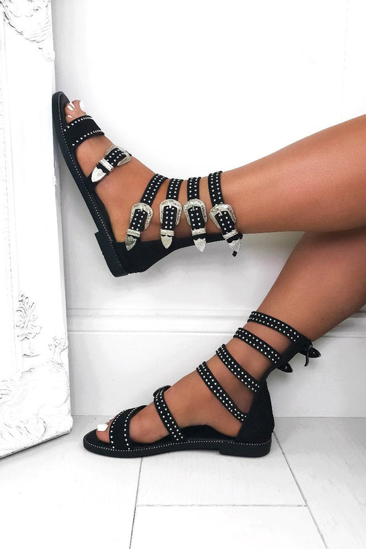 Mimosa Black Stud Gladiator Sandals With Silver Detail