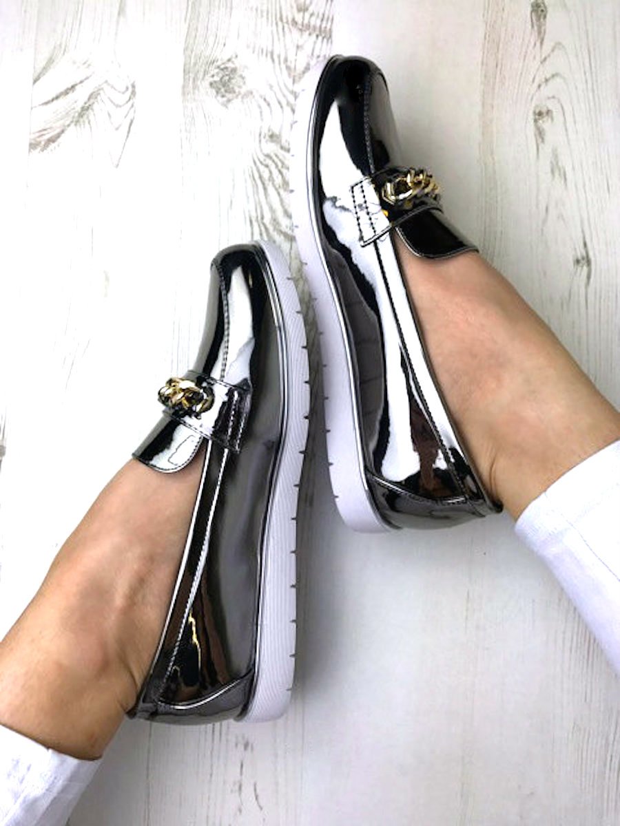 Mina Chrome Patent Chain Loafers