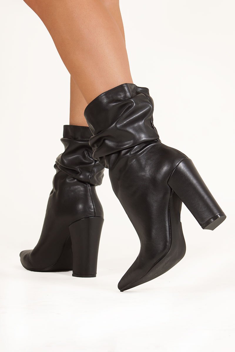 Miranda Black Faux Leather Ruched Sock Ankle Boots