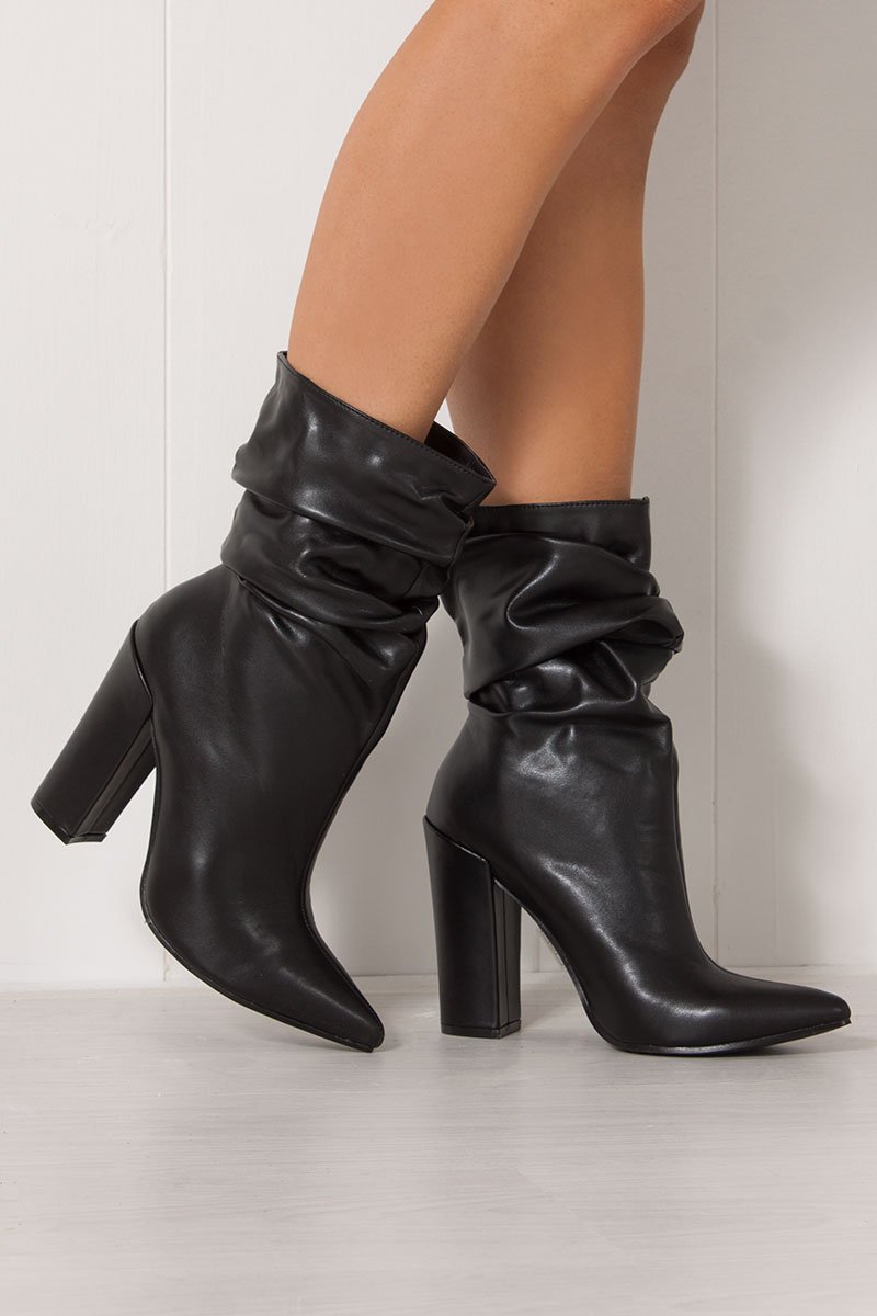 Miranda Black Faux Leather Ruched Sock Ankle Boots