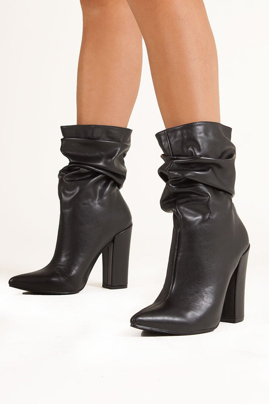 Miranda Black Faux Leather Ruched Sock Ankle Boots