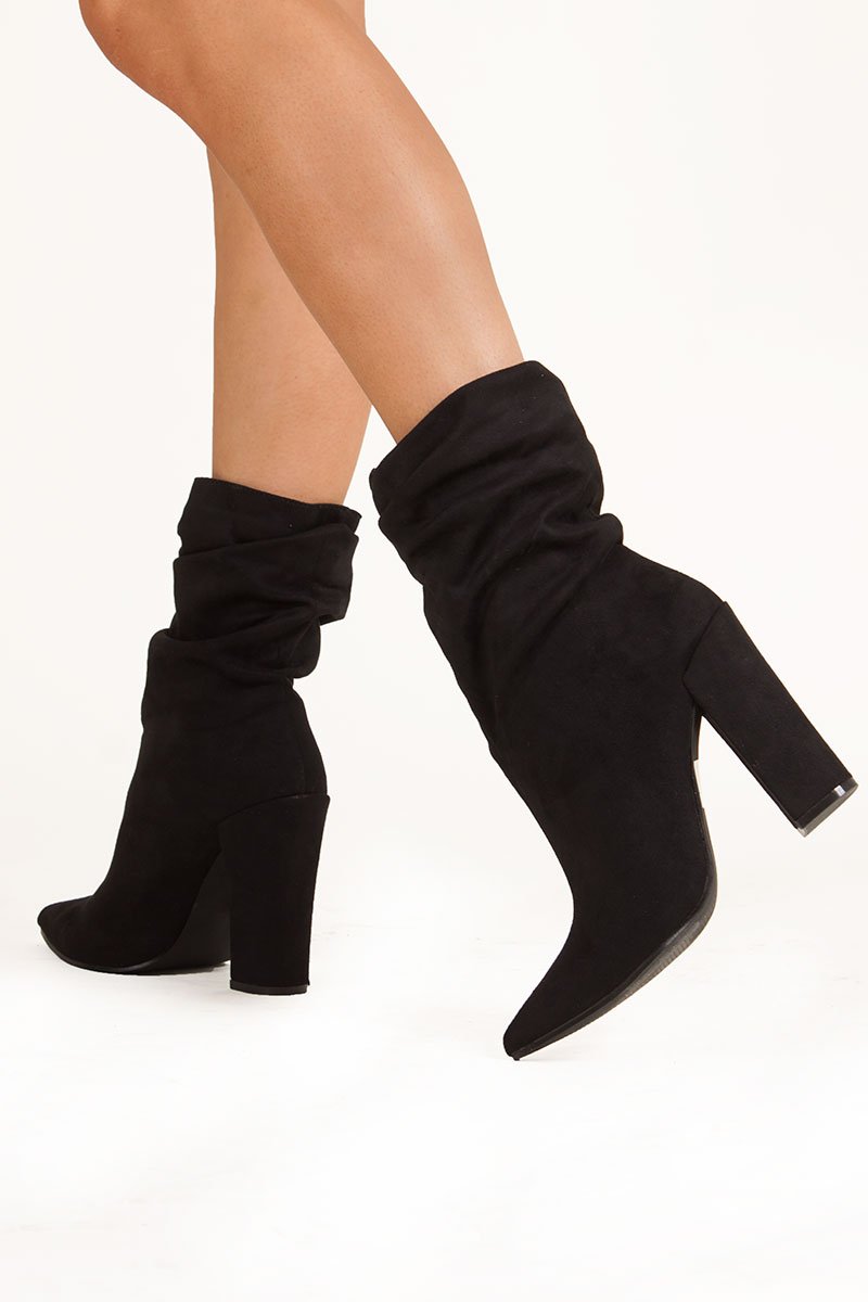 Miranda Black Faux Suede Ruched Sock Ankle Boots