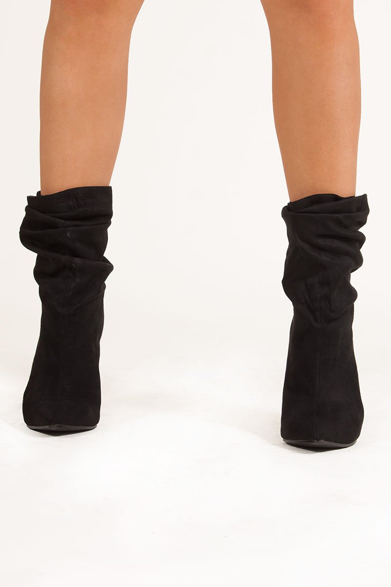 Miranda Black Faux Suede Ruched Sock Ankle Boots