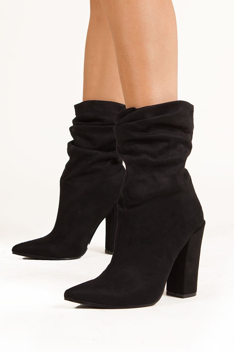 Miranda Black Faux Suede Ruched Sock Ankle Boots