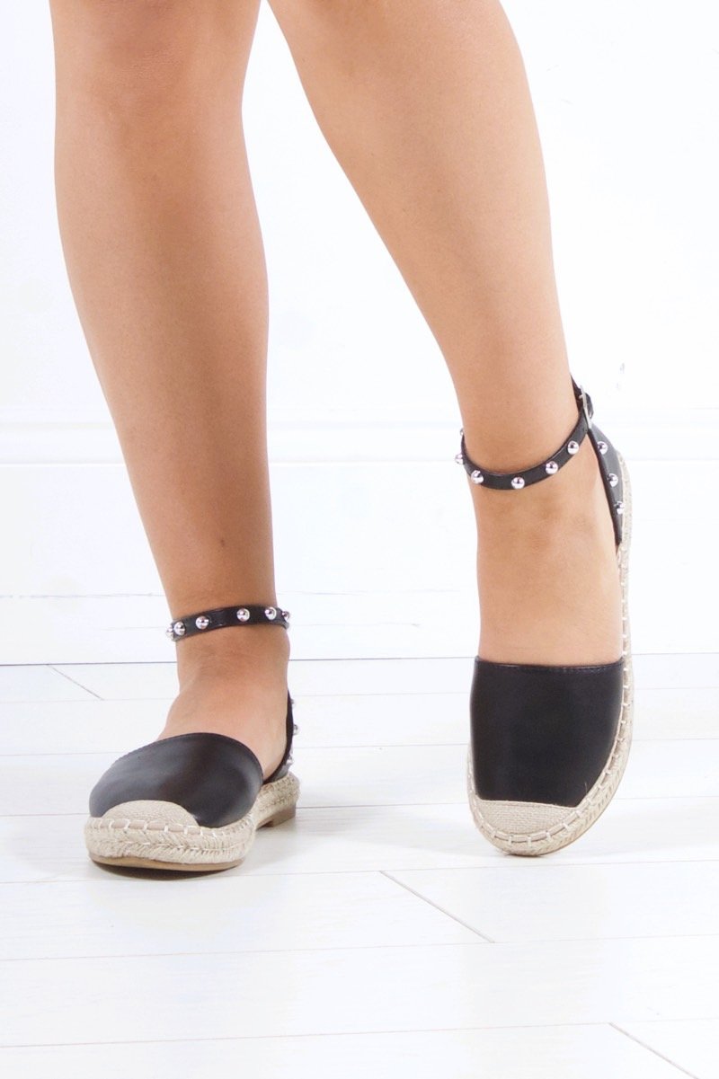 Mollie Black Stud Strap Espadrilles With Silver Detail