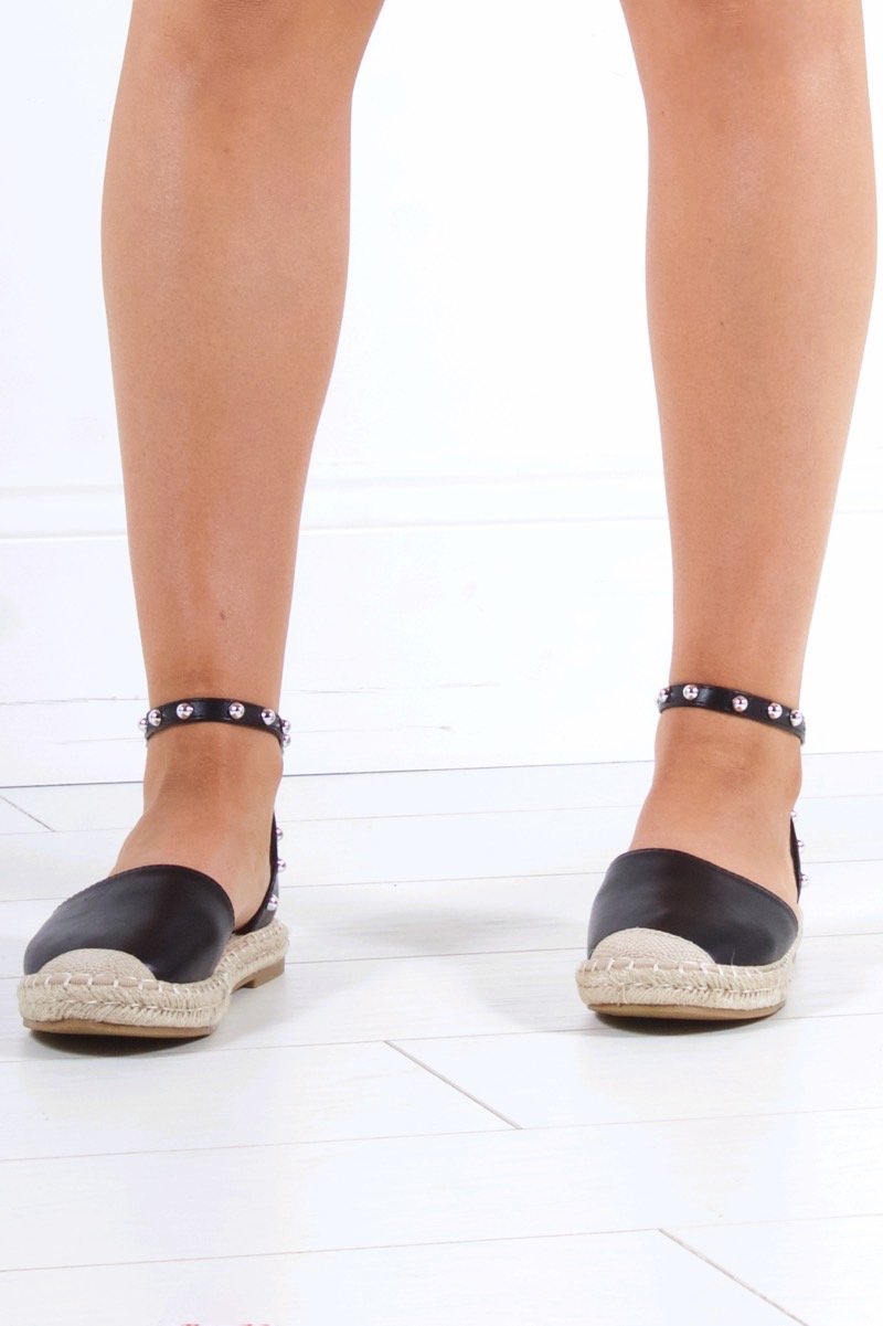 Mollie Black Stud Strap Espadrilles With Silver Detail