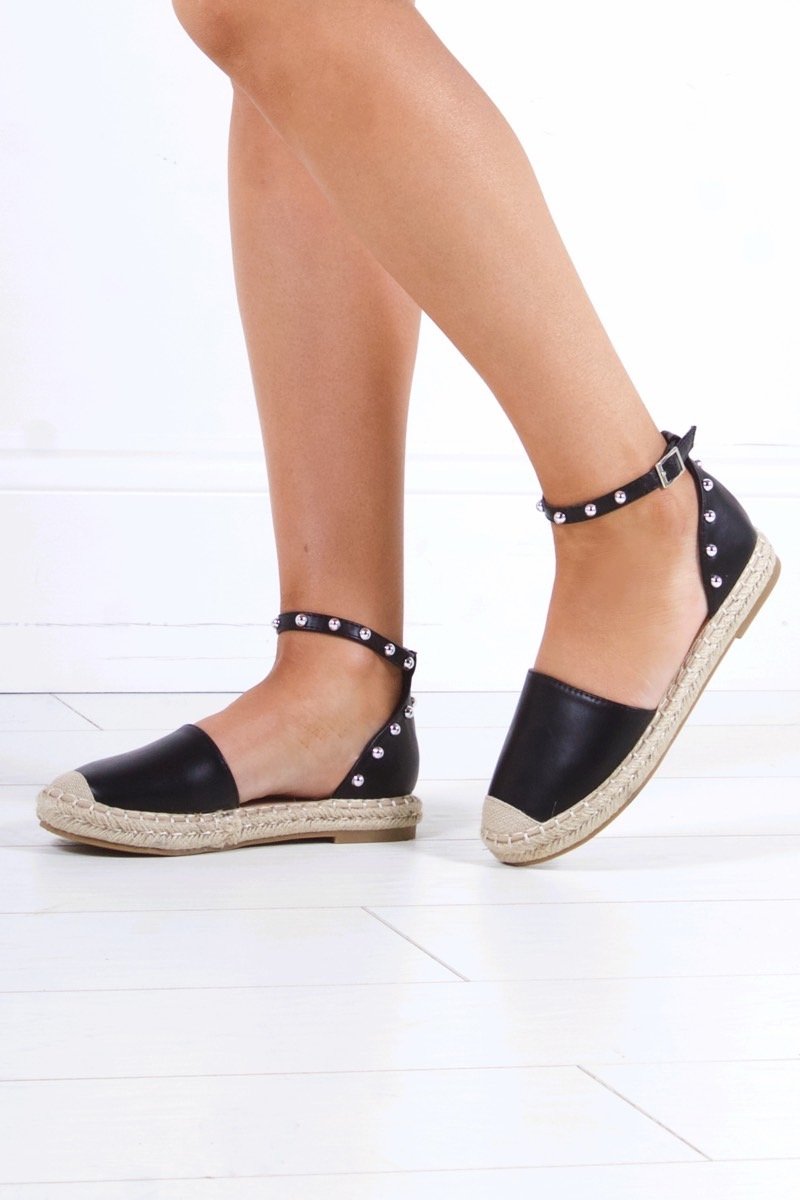 Mollie Black Stud Strap Espadrilles With Silver Detail