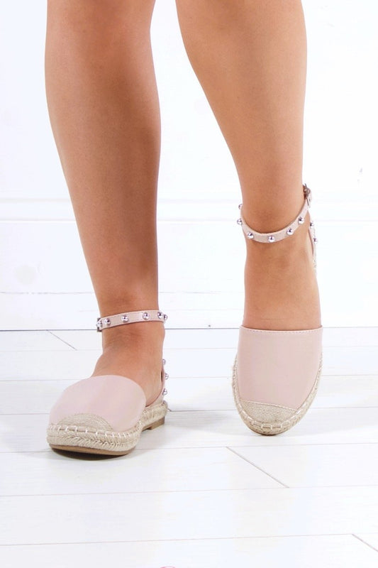 Mollie Pink Stud Strap Espadrilles With Silver Detail