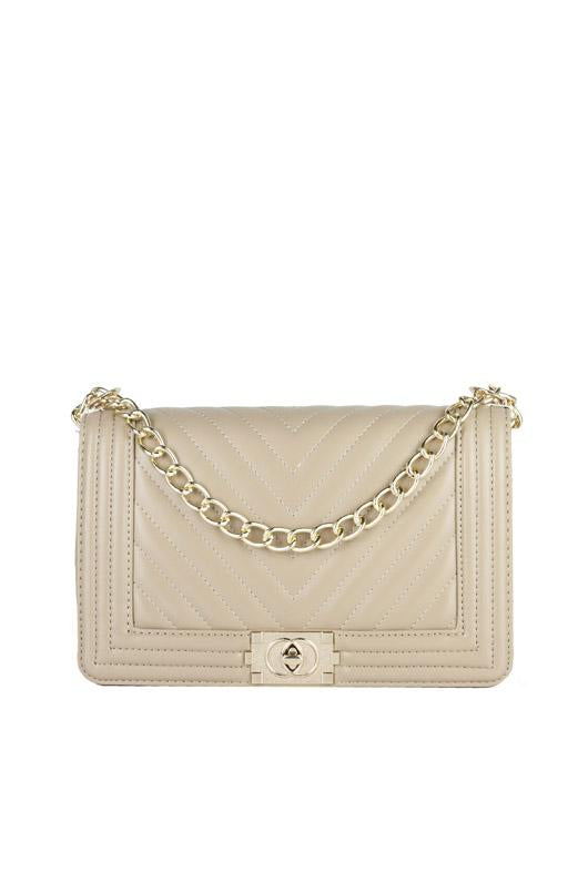 Molly Beige Quilted Chain Shoulder Bag With Gold Detail