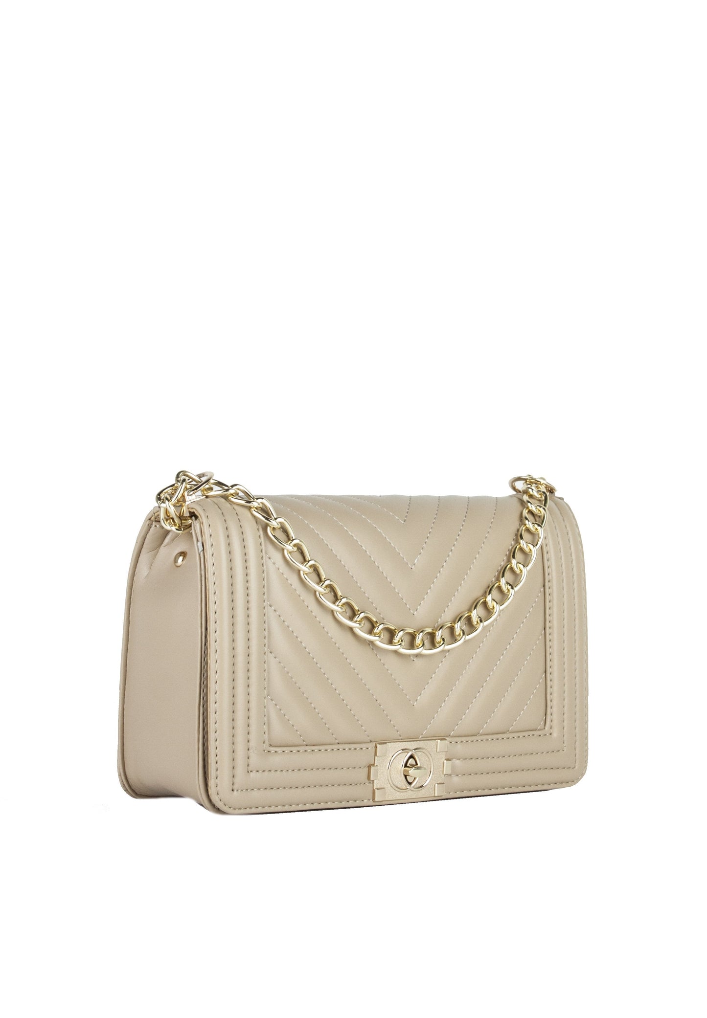 Molly Beige Quilted Chain Shoulder Bag With Gold Detail