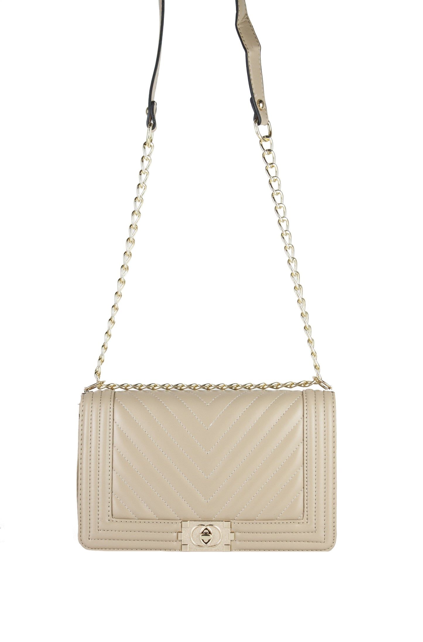 Molly Beige Quilted Chain Shoulder Bag With Gold Detail