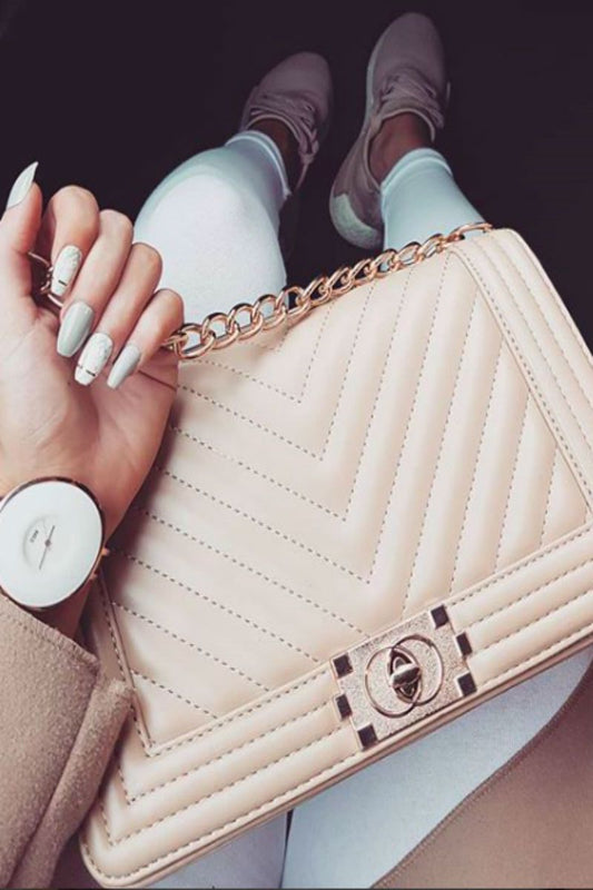 Molly Beige Quilted Chain Shoulder Bag With Gold Detail