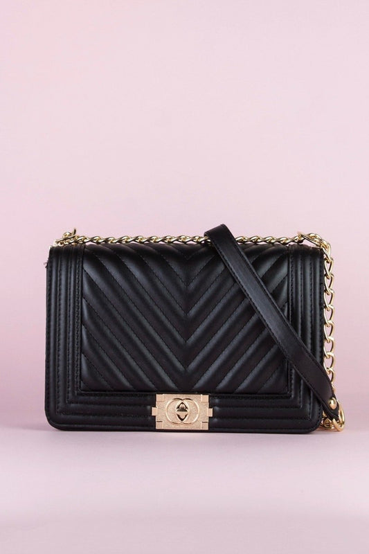 Molly Black Quilted Chain Shoulder Bag With Gold Detail