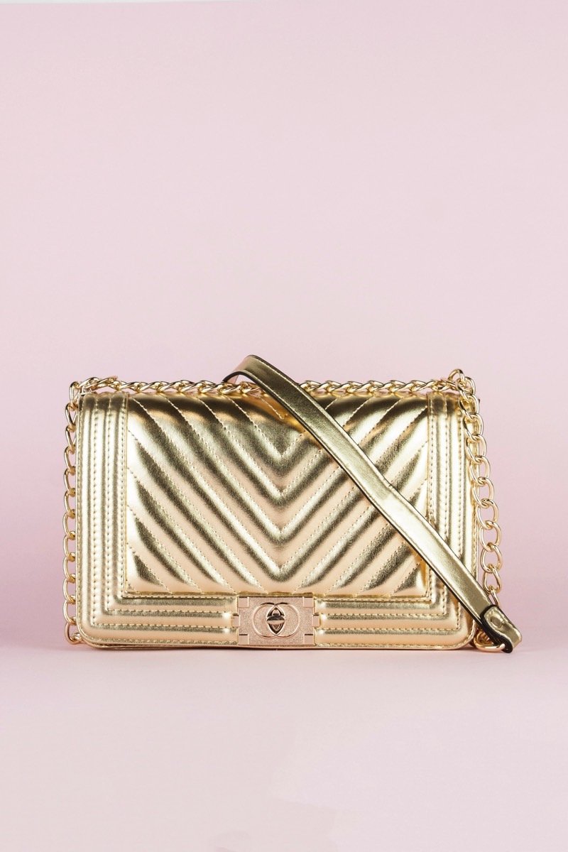 Molly Gold Quilted Chain Shoulder Bag With Gold Detail