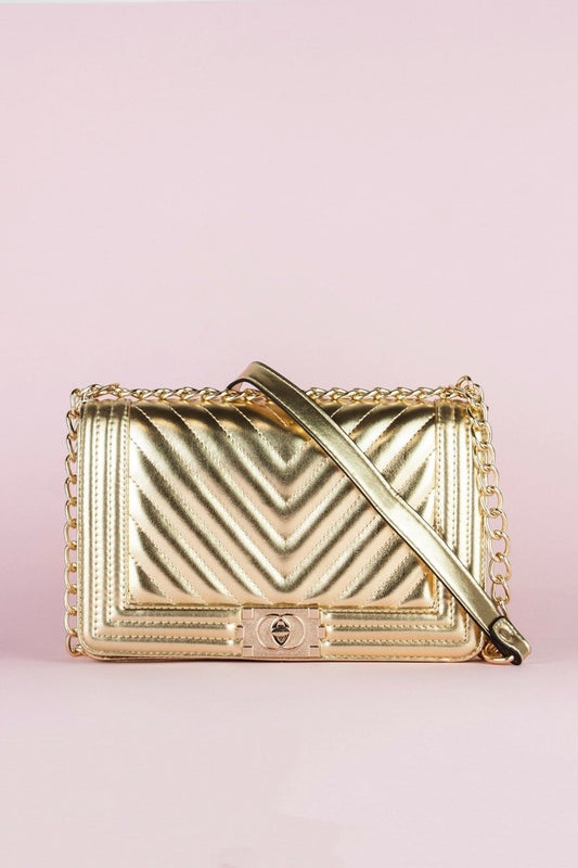Molly Gold Quilted Chain Shoulder Bag With Gold Detail