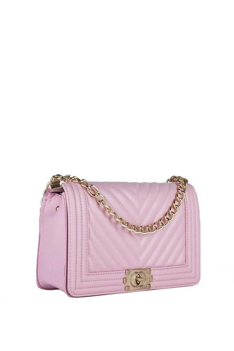 Molly Pink Quilted Chain Shoulder Bag With Gold Detail
