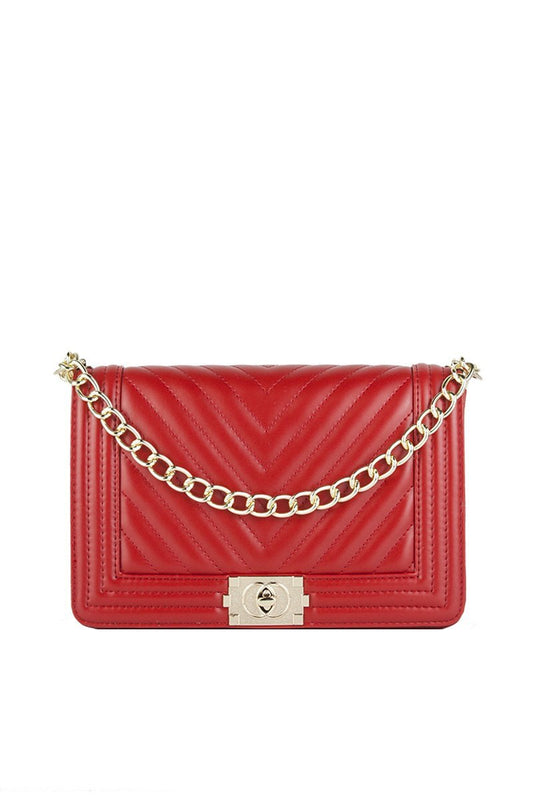 Molly Red Quilted Chain Shoulder Bag With Gold Detail