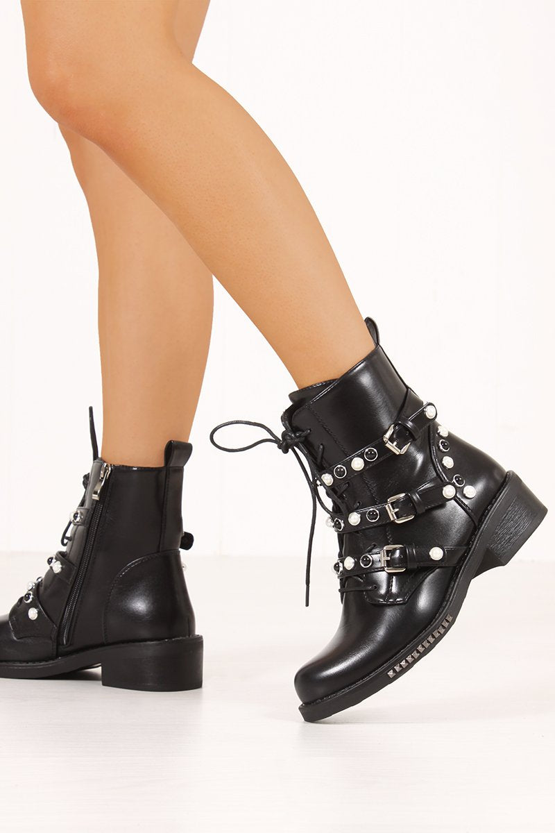 Monica Black Pearl Buckle Strap Ankle Boots