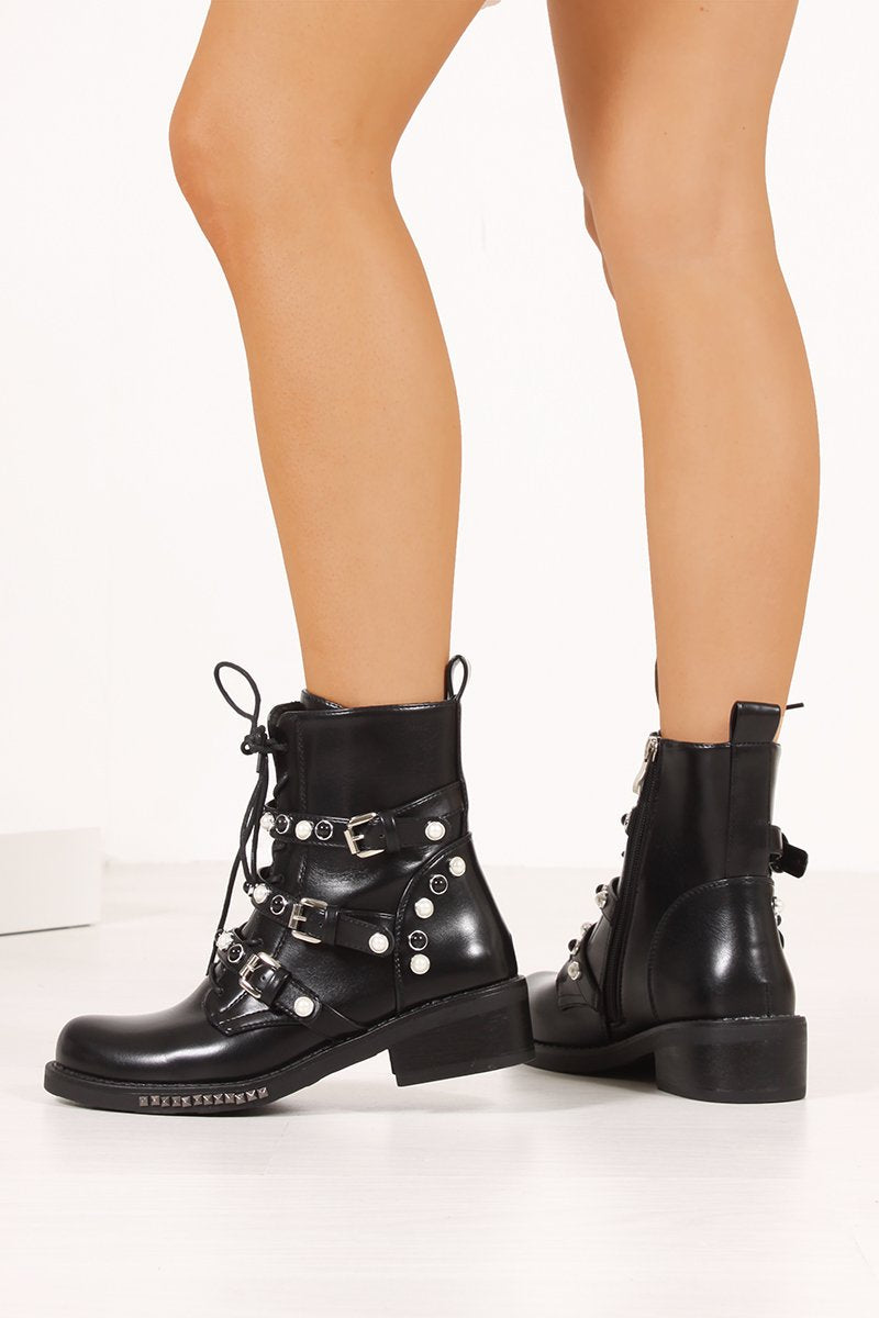 Monica Black Pearl Buckle Strap Ankle Boots