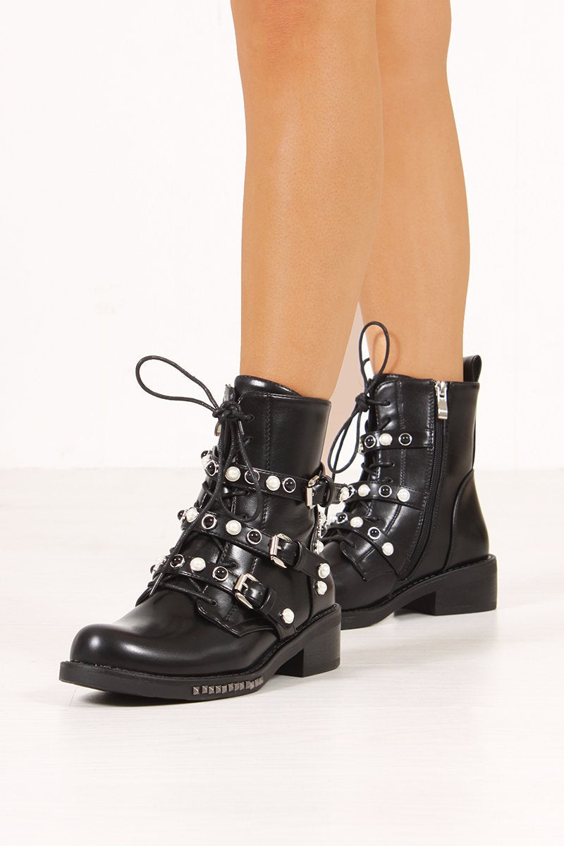 Monica Black Pearl Buckle Strap Ankle Boots