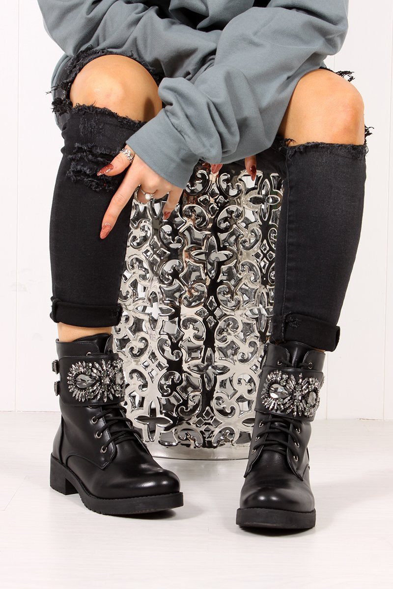 Morgan Black Jewel Embellished Buckle Strap Boots