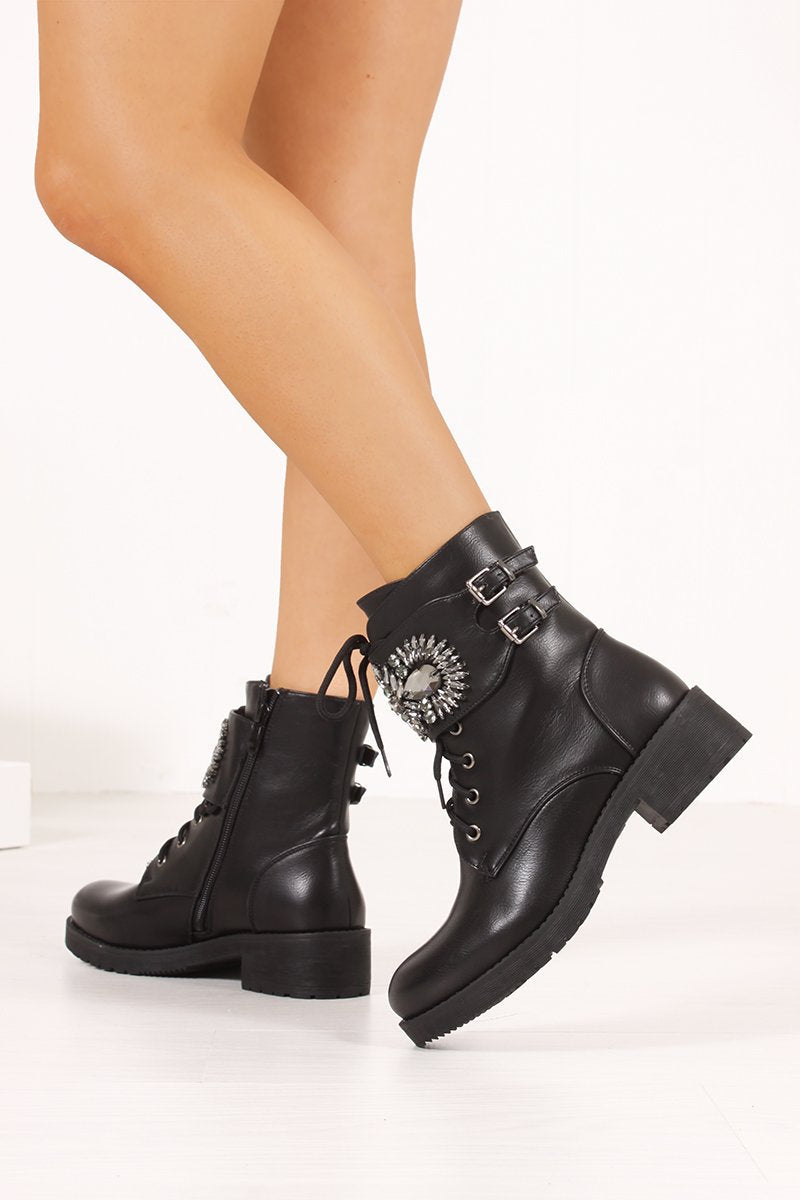 Morgan Black Jewel Embellished Buckle Strap Boots