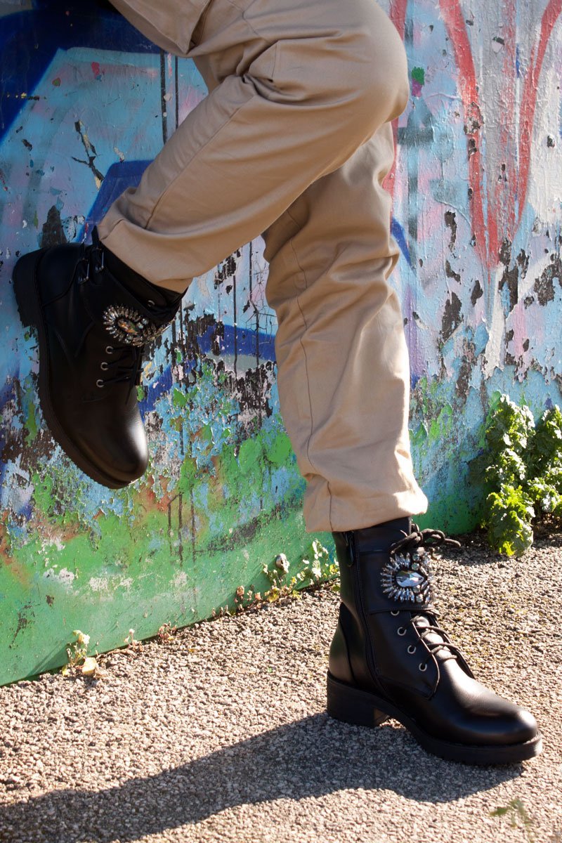 Morgan Black Jewel Embellished Buckle Strap Boots