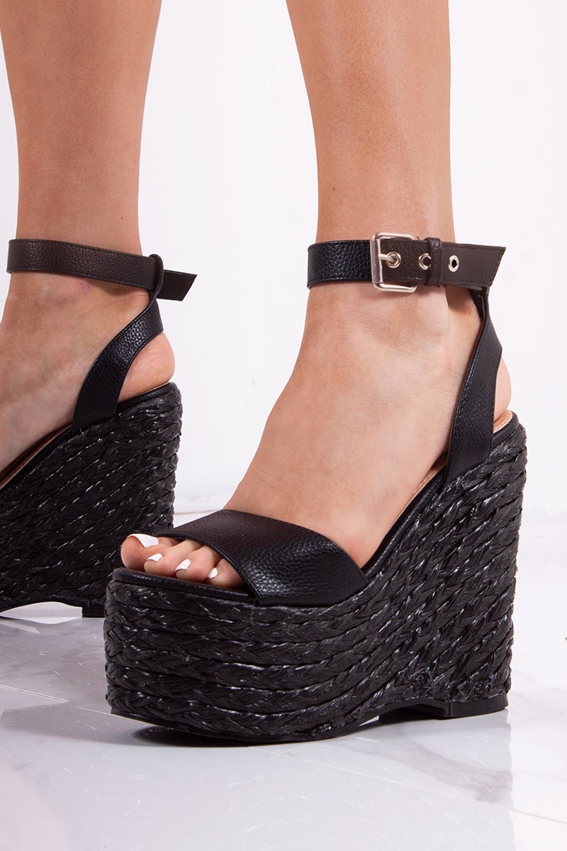 Nancie Black Faux Leather Chunky Espadrille Platform Wedges