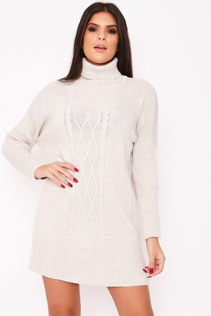 Nancy Beige Roll Neck Cable Knit Jumper Dress