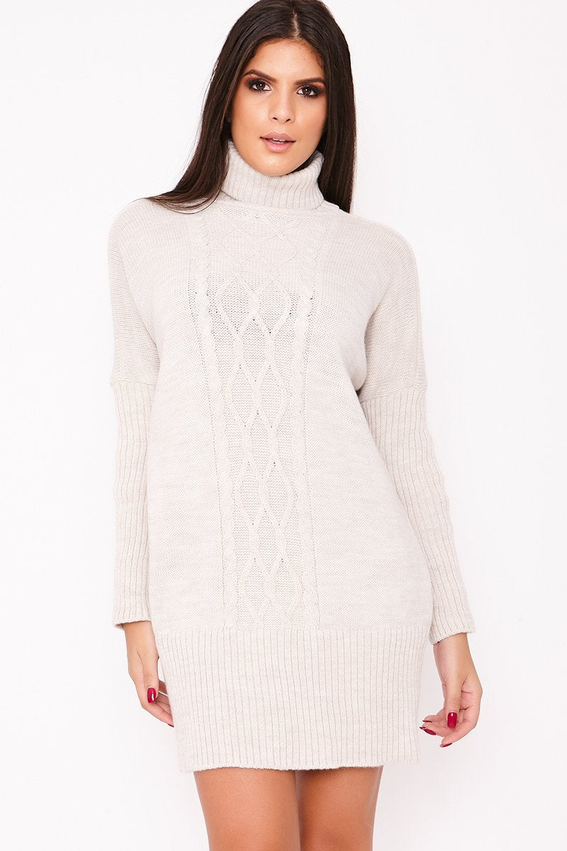 Nancy Beige Roll Neck Cable Knit Jumper Dress