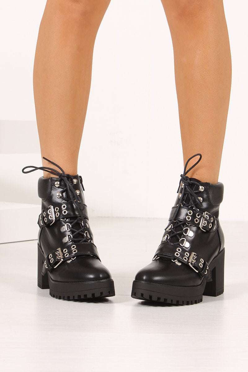 Nancy Black Buckle Strap Eyelet Detail Heeled Ankle Boots