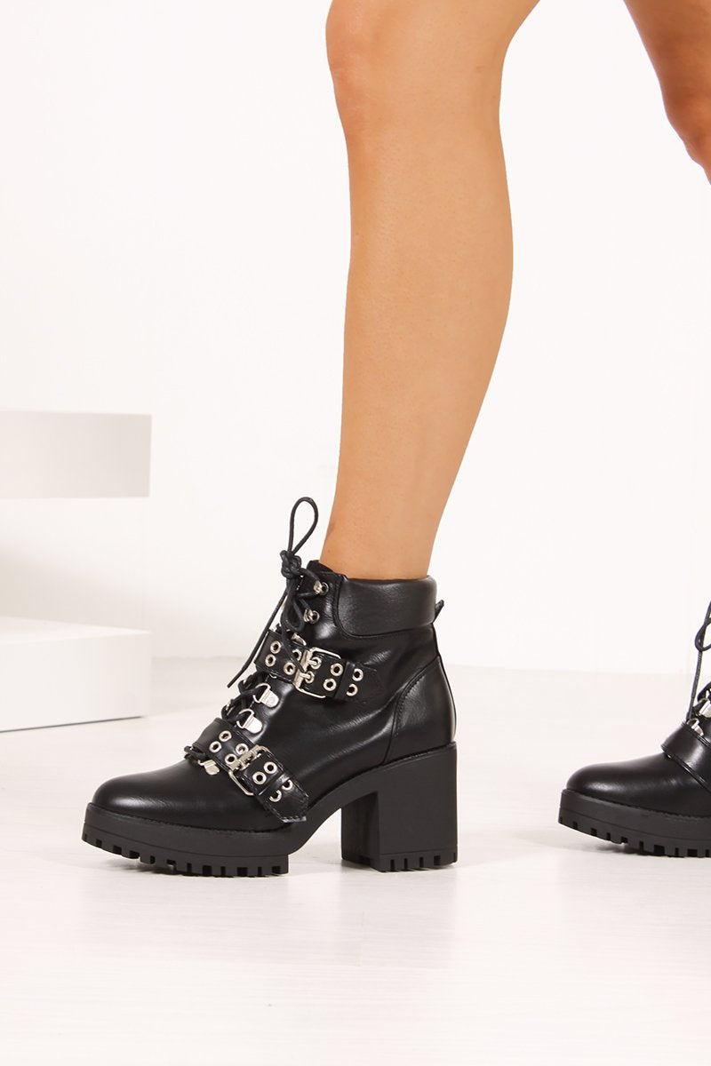 Nancy Black Buckle Strap Eyelet Detail Heeled Ankle Boots