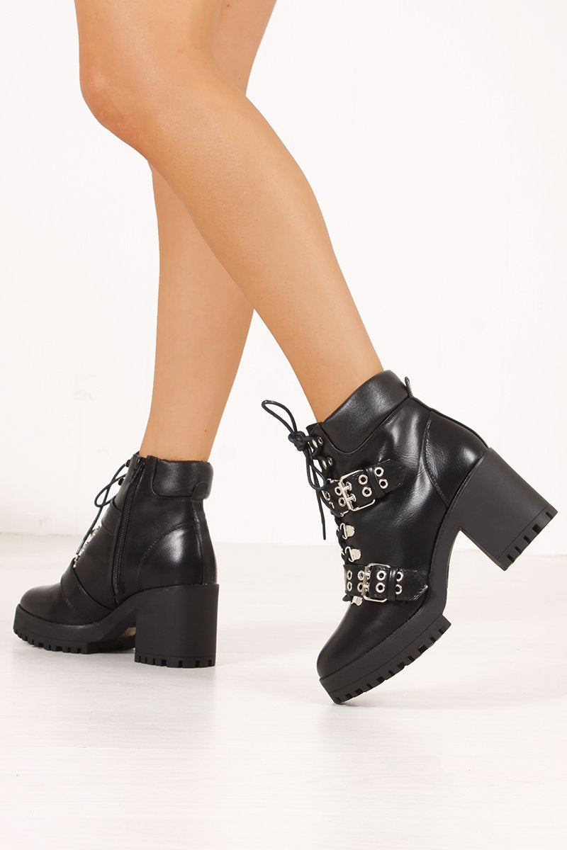 Nancy Black Buckle Strap Eyelet Detail Heeled Ankle Boots