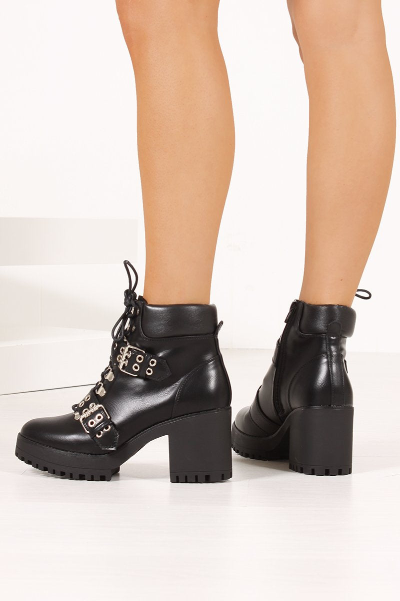 Nancy Black Buckle Strap Eyelet Detail Heeled Ankle Boots