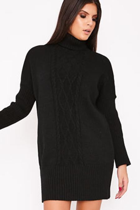 Nancy Black Roll Neck Cable Knit Jumper Dress