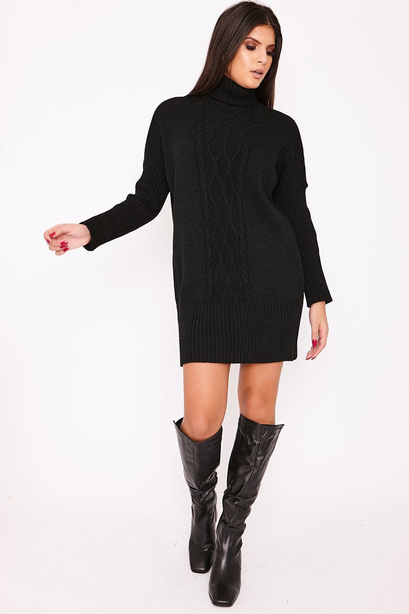 Nancy Black Roll Neck Cable Knit Jumper Dress