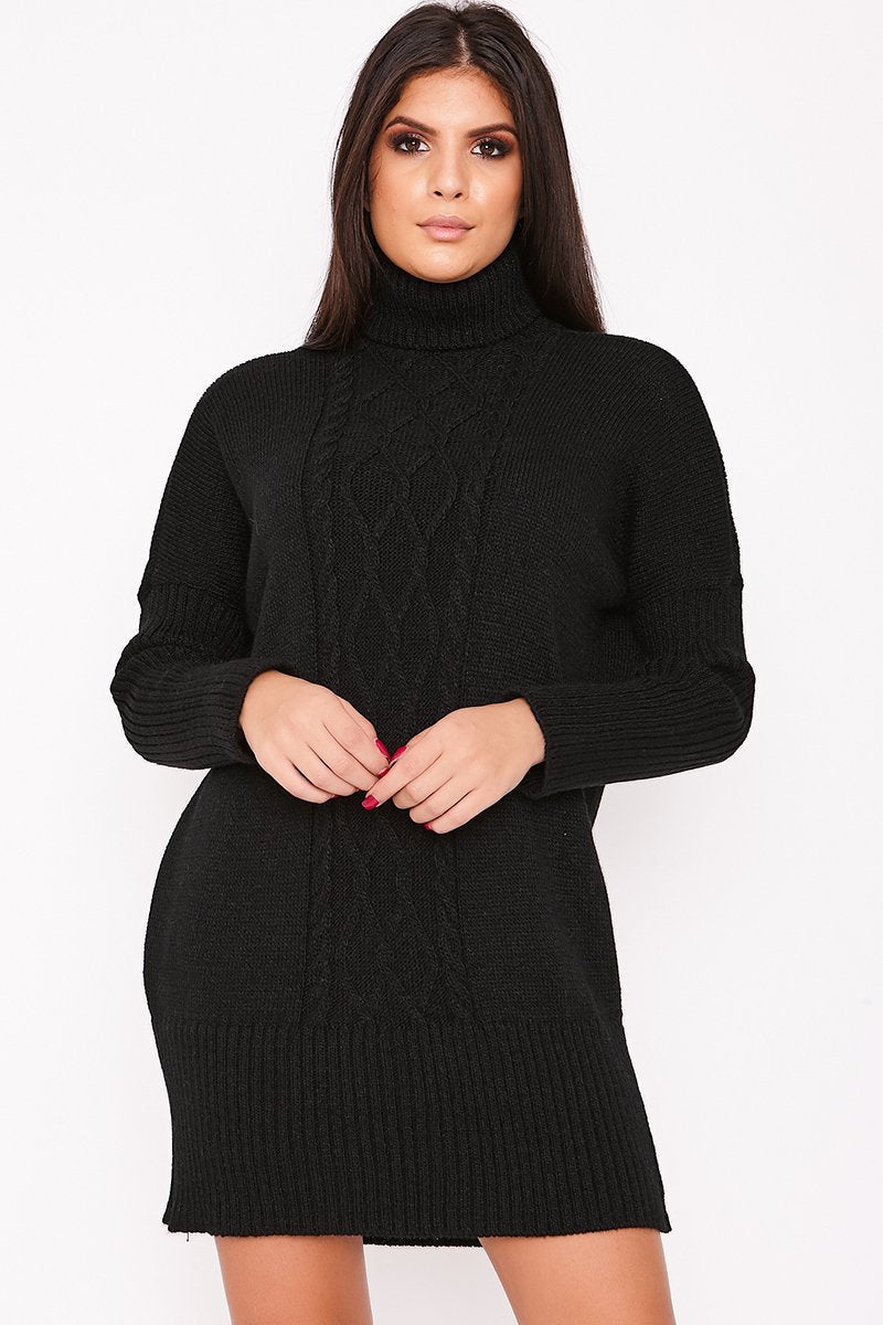 Nancy Black Roll Neck Cable Knit Jumper Dress