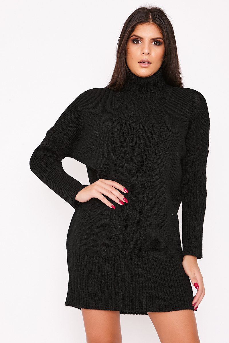 Nancy Black Roll Neck Cable Knit Jumper Dress