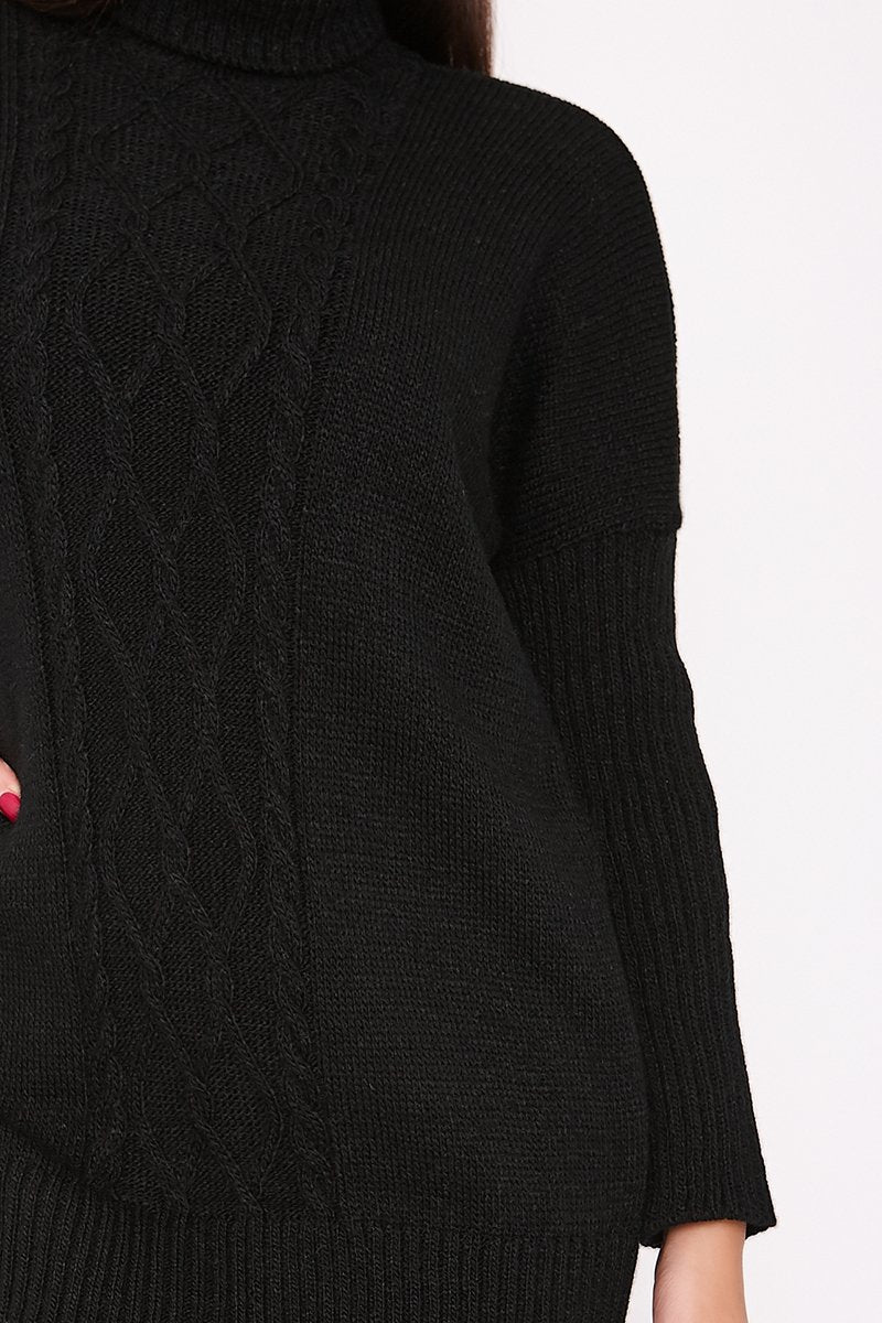 Nancy Black Roll Neck Cable Knit Jumper Dress