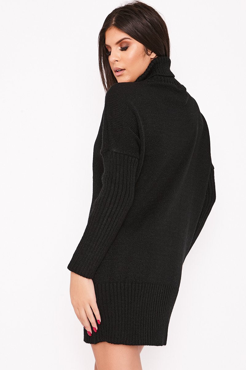 Nancy Black Roll Neck Cable Knit Jumper Dress