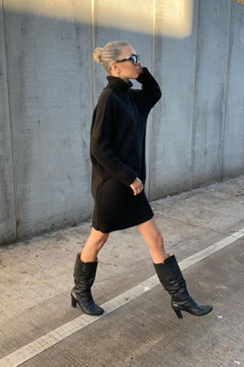 Nancy Black Roll Neck Cable Knit Jumper Dress