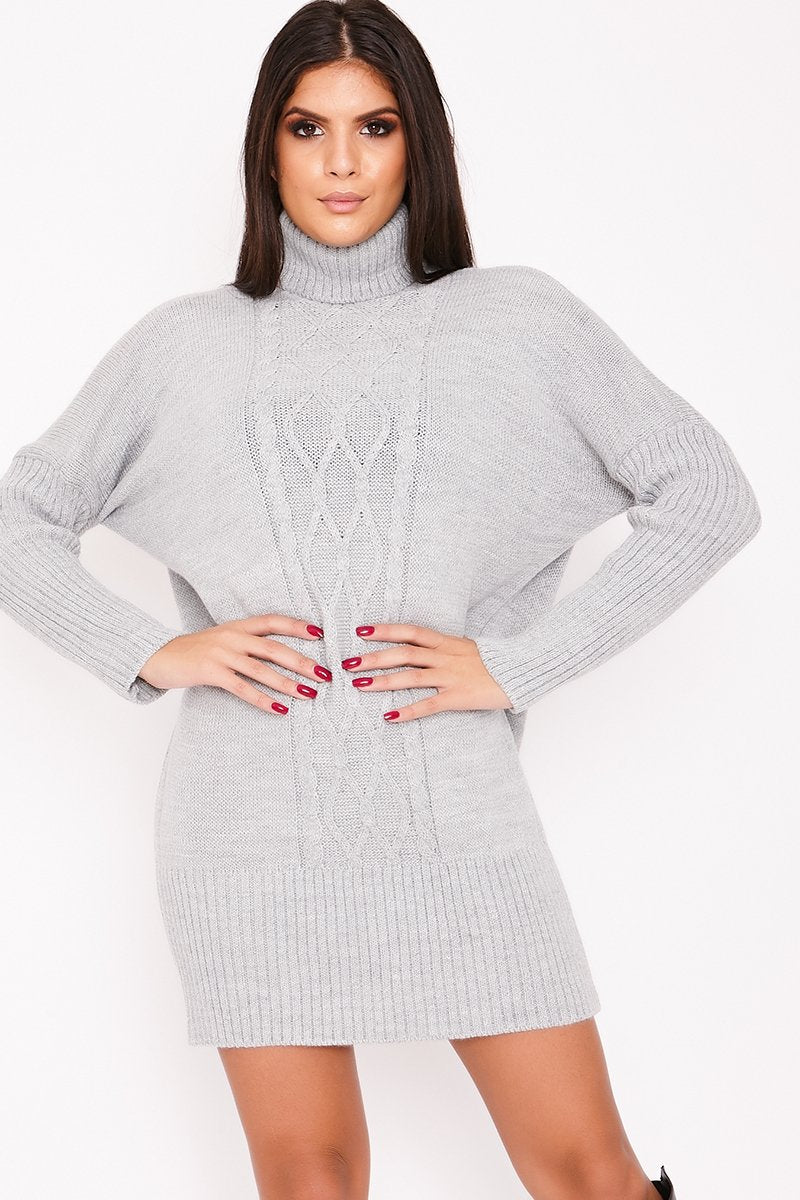 Nancy Grey Roll Neck Cable Knit Jumper Dress