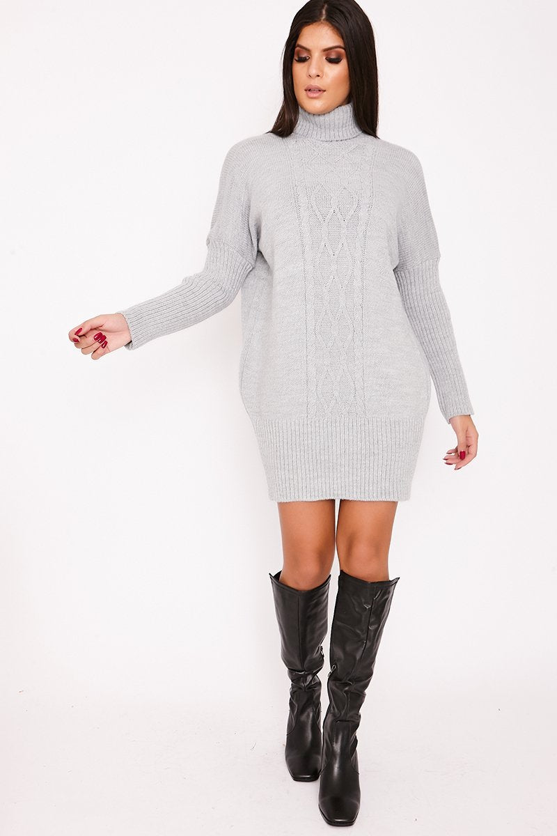 Nancy Grey Roll Neck Cable Knit Jumper Dress