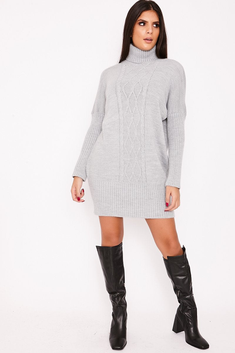 Nancy Grey Roll Neck Cable Knit Jumper Dress