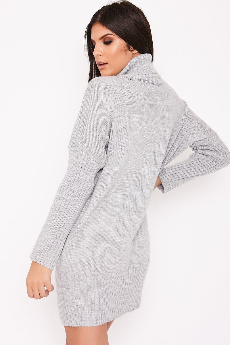 Nancy Grey Roll Neck Cable Knit Jumper Dress