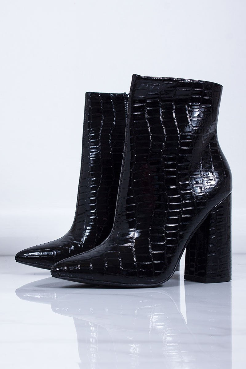 Nara Faux Patent Croc Block Heel Boots