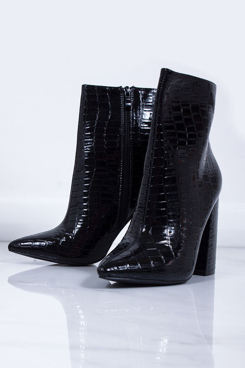 Nara Faux Patent Croc Block Heel Boots