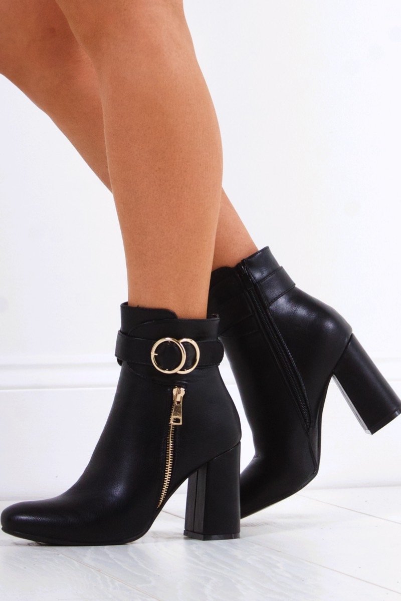 Narelle Black Emblem Ankle Boots With Gold Detail