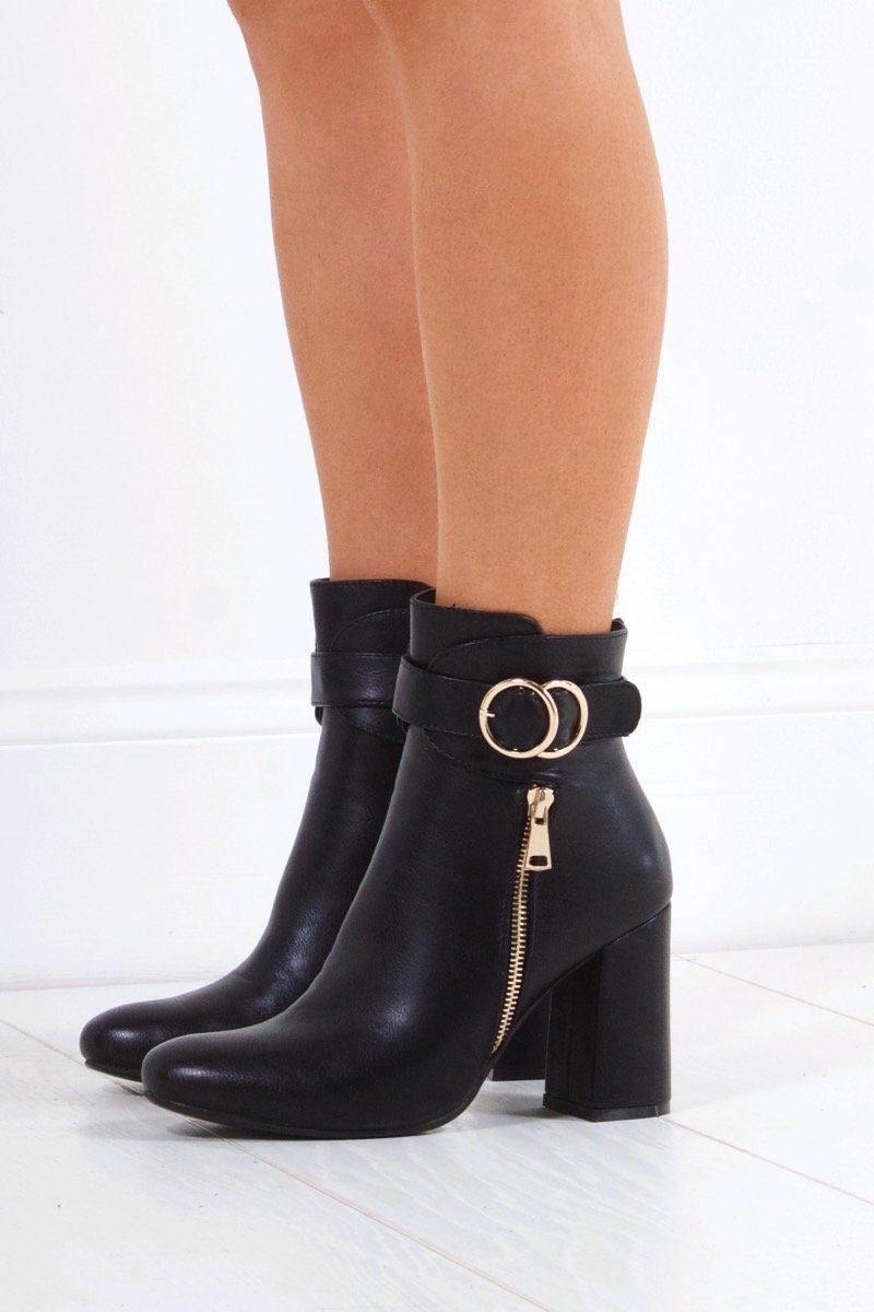 Narelle Black Emblem Ankle Boots With Gold Detail