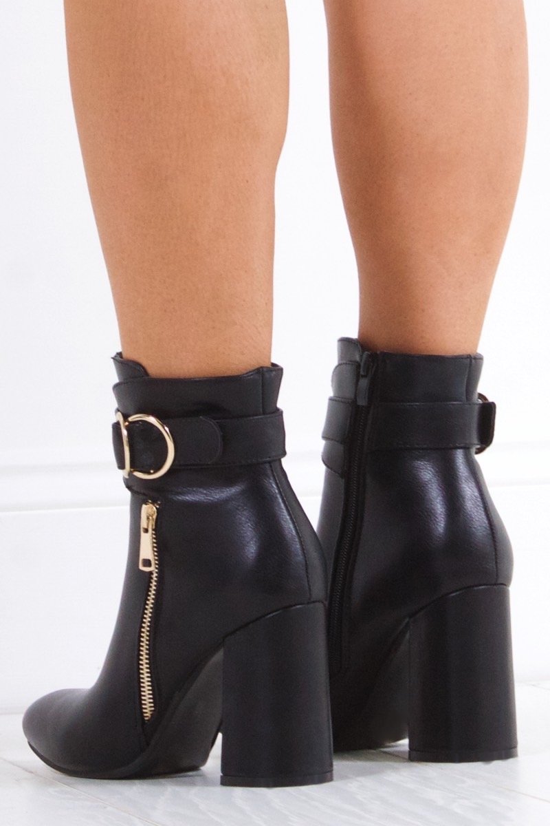 Narelle Black Emblem Ankle Boots With Gold Detail